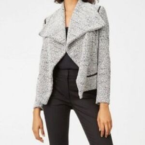 Club Monaco Jowdie Tweed Open Front Crop Jacket Leather Accent